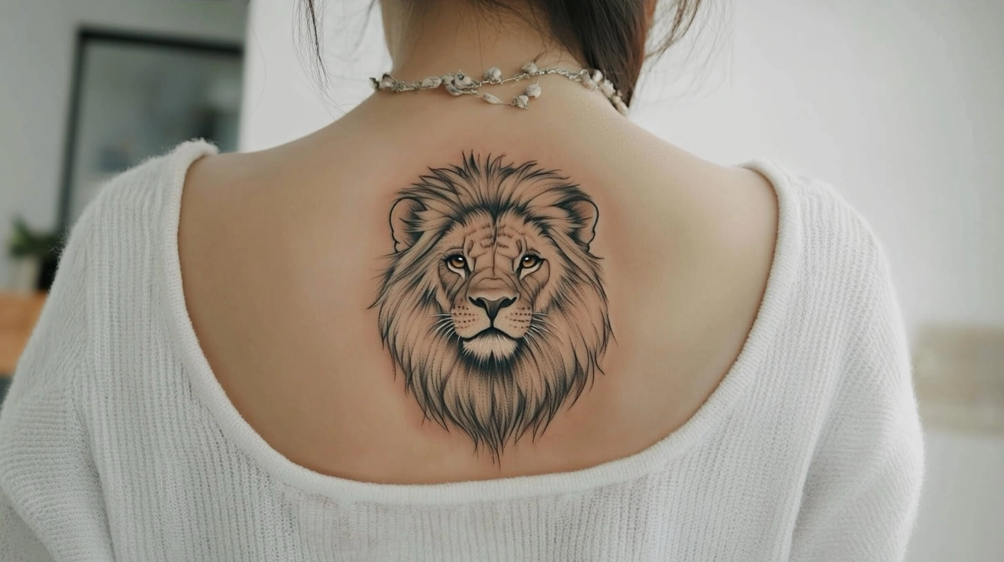 Realistic portrait tattoo of a lion's face on a woman's upper back