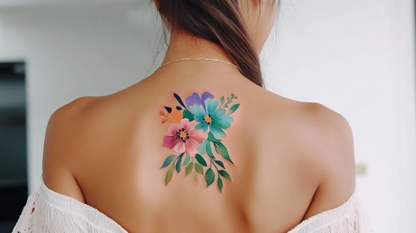 Watercolor-style back tattoo resembling a splash of vibrant colors