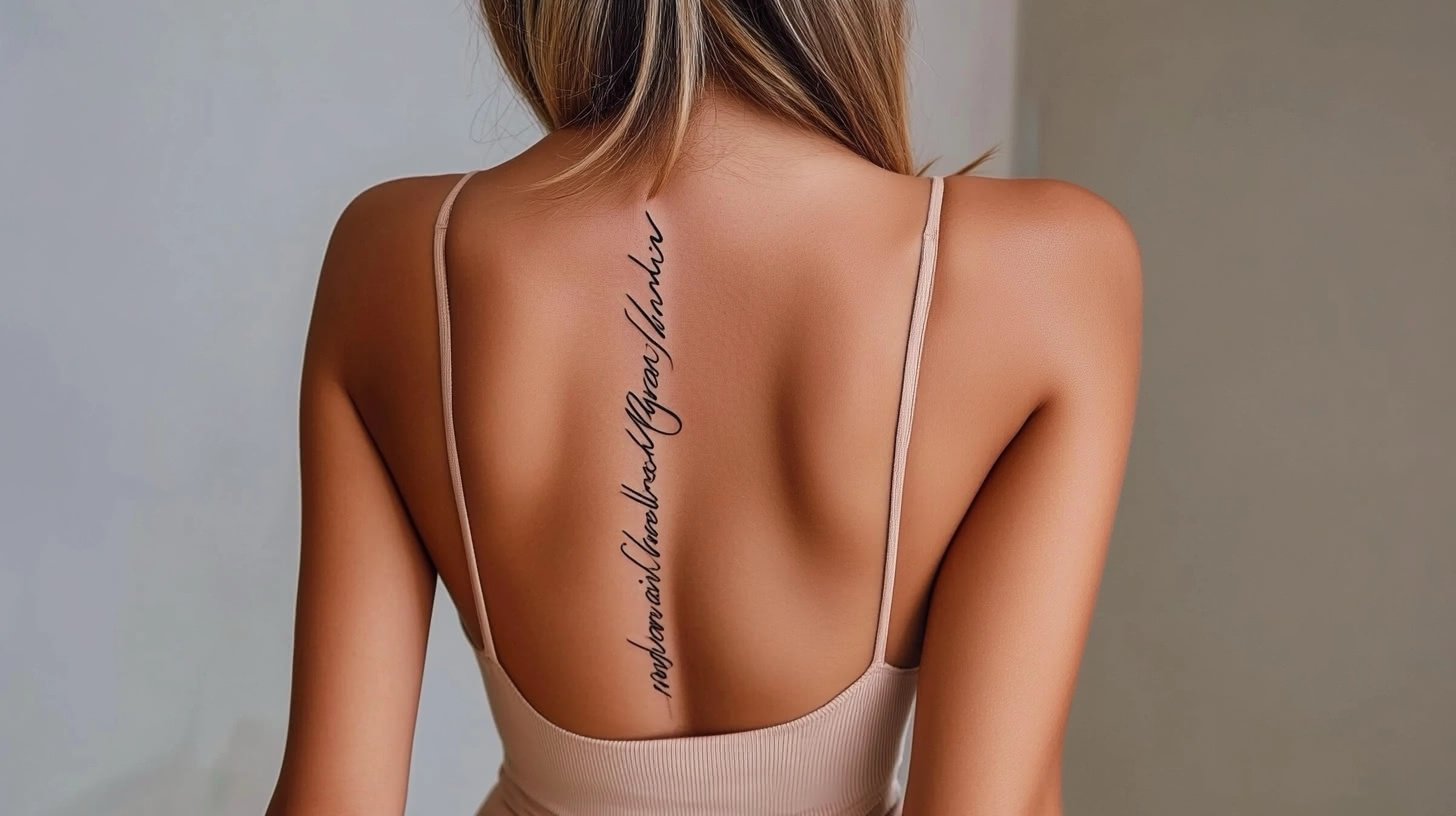 Elegant script tattoo running vertically down a woman's spine