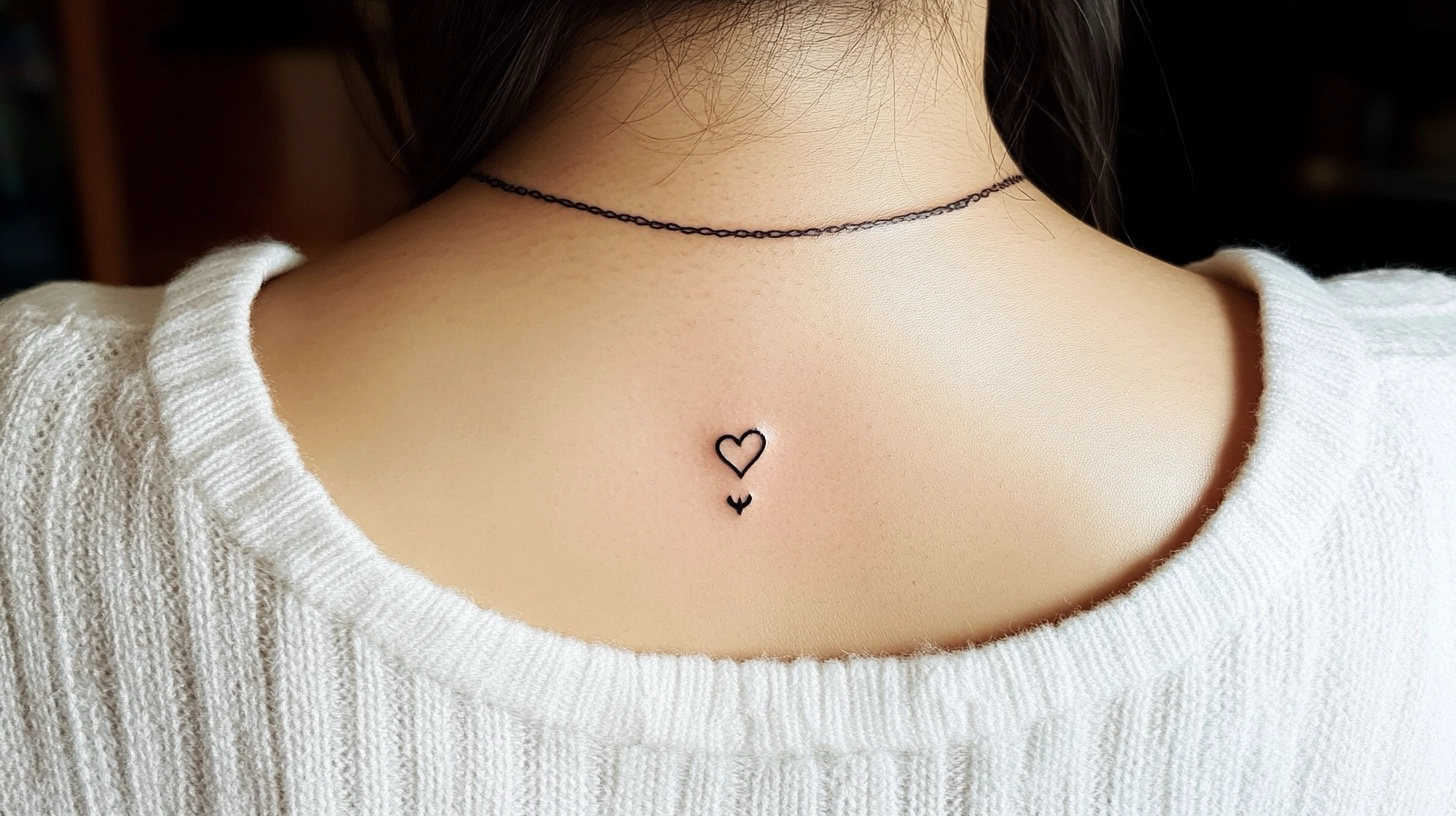 Small, symbolic icon tattoo on a woman's upper back