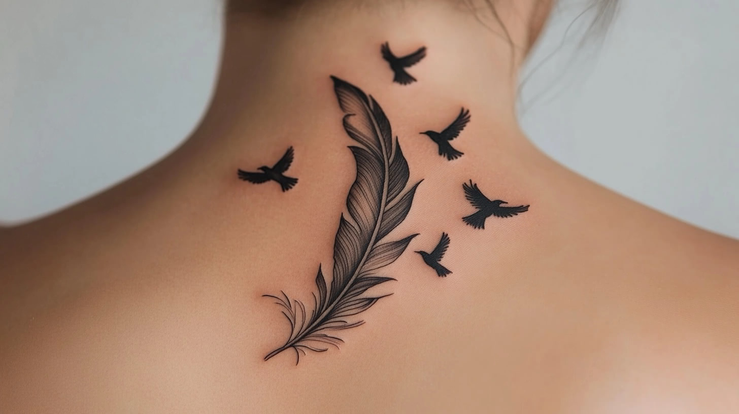 Detailed feather tattoo on a woman's back, with small birds flying away