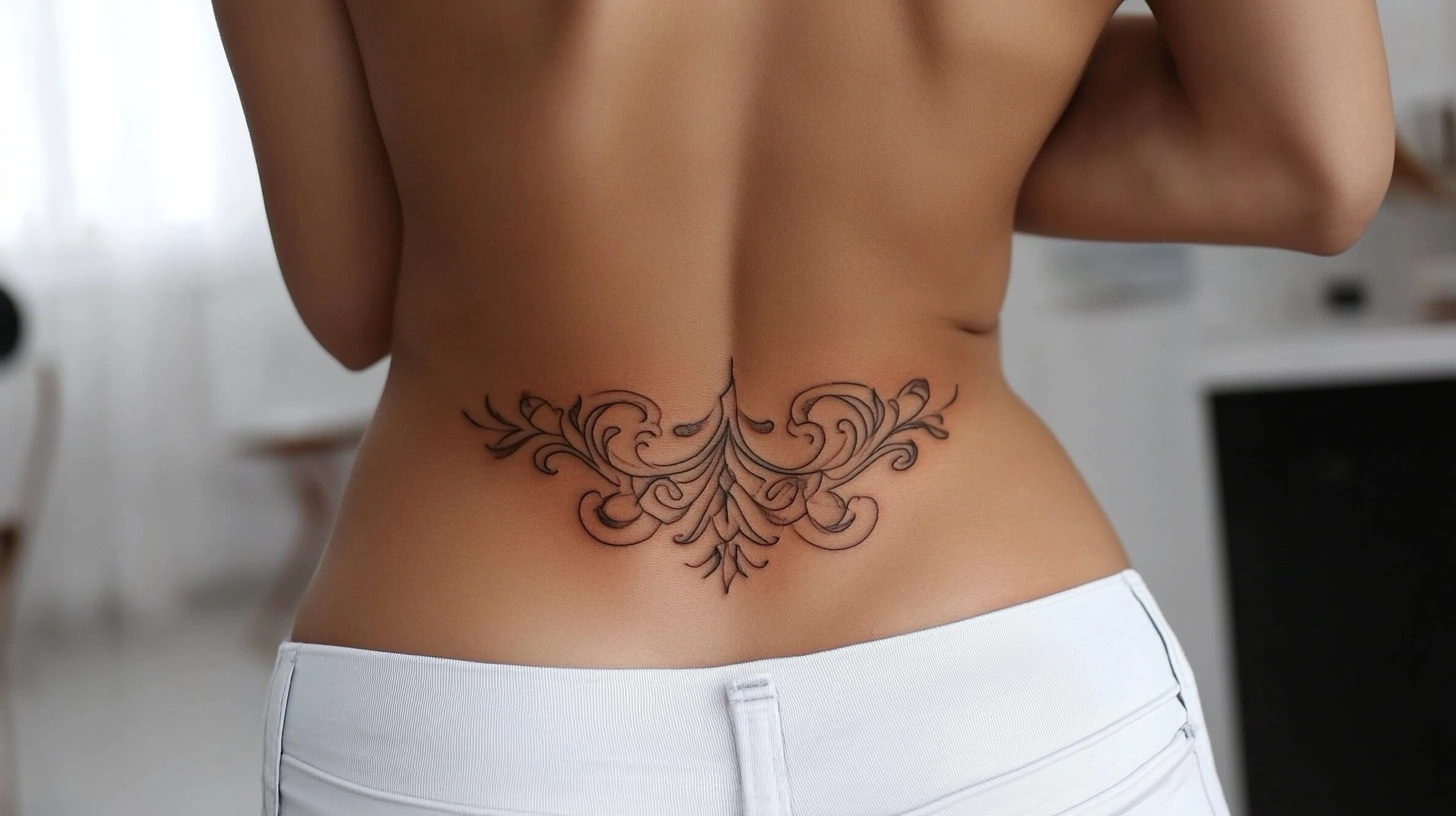 Ornamental tattoo placed on a woman's lower back