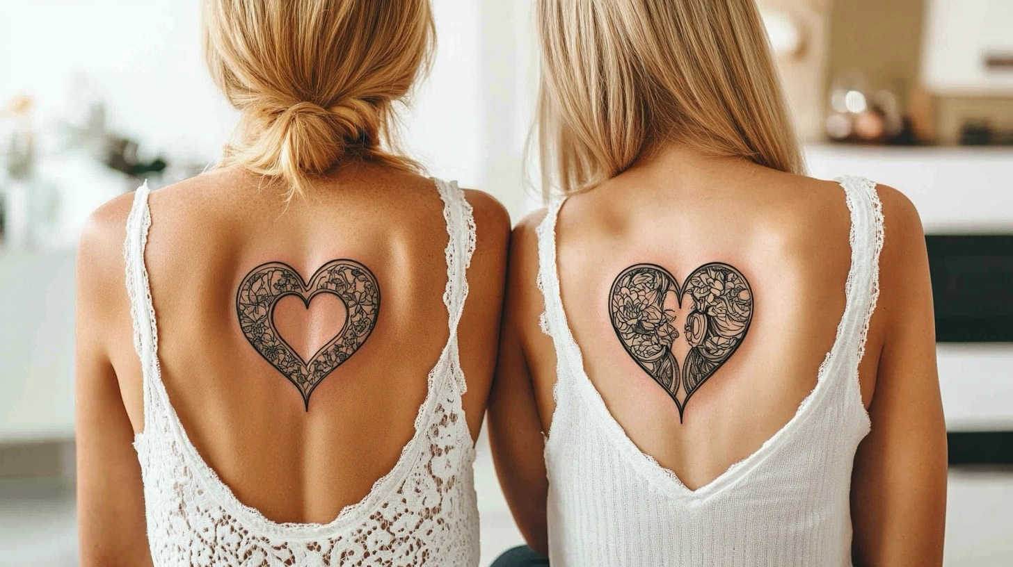 Two women with complementary half-back tattoos