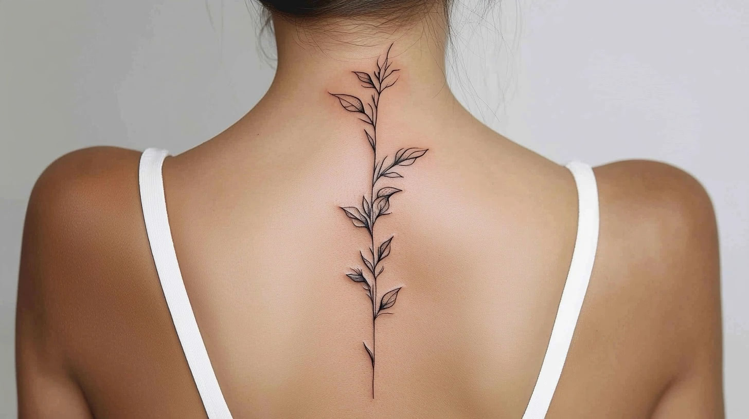 Botanical vine tattoo trailing down a woman's back