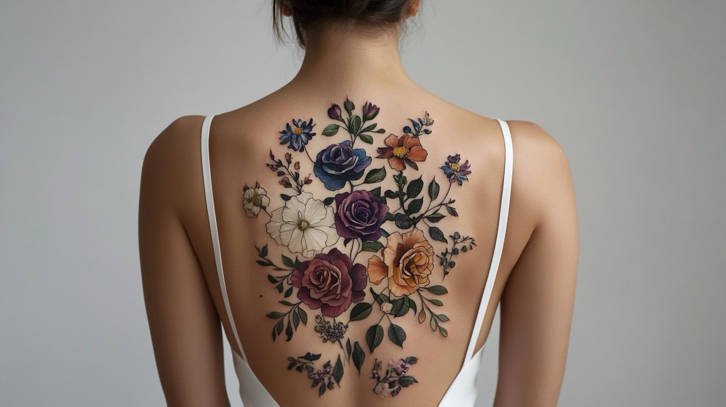 Full-back tattoo depicting a vibrant bouquet of various flowers