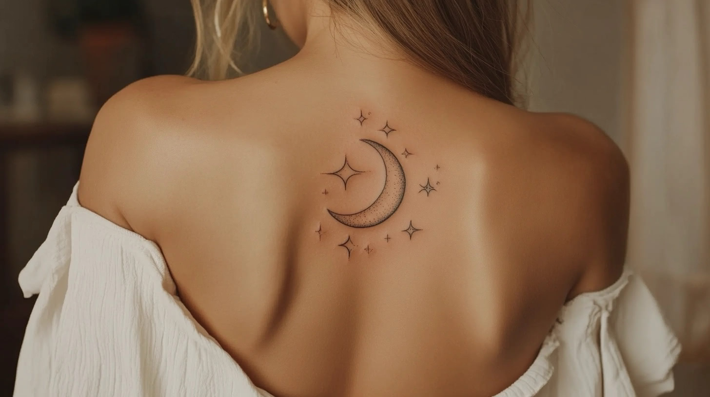 Celestial-themed tattoo on a woman's back, featuring a crescent moon and stars