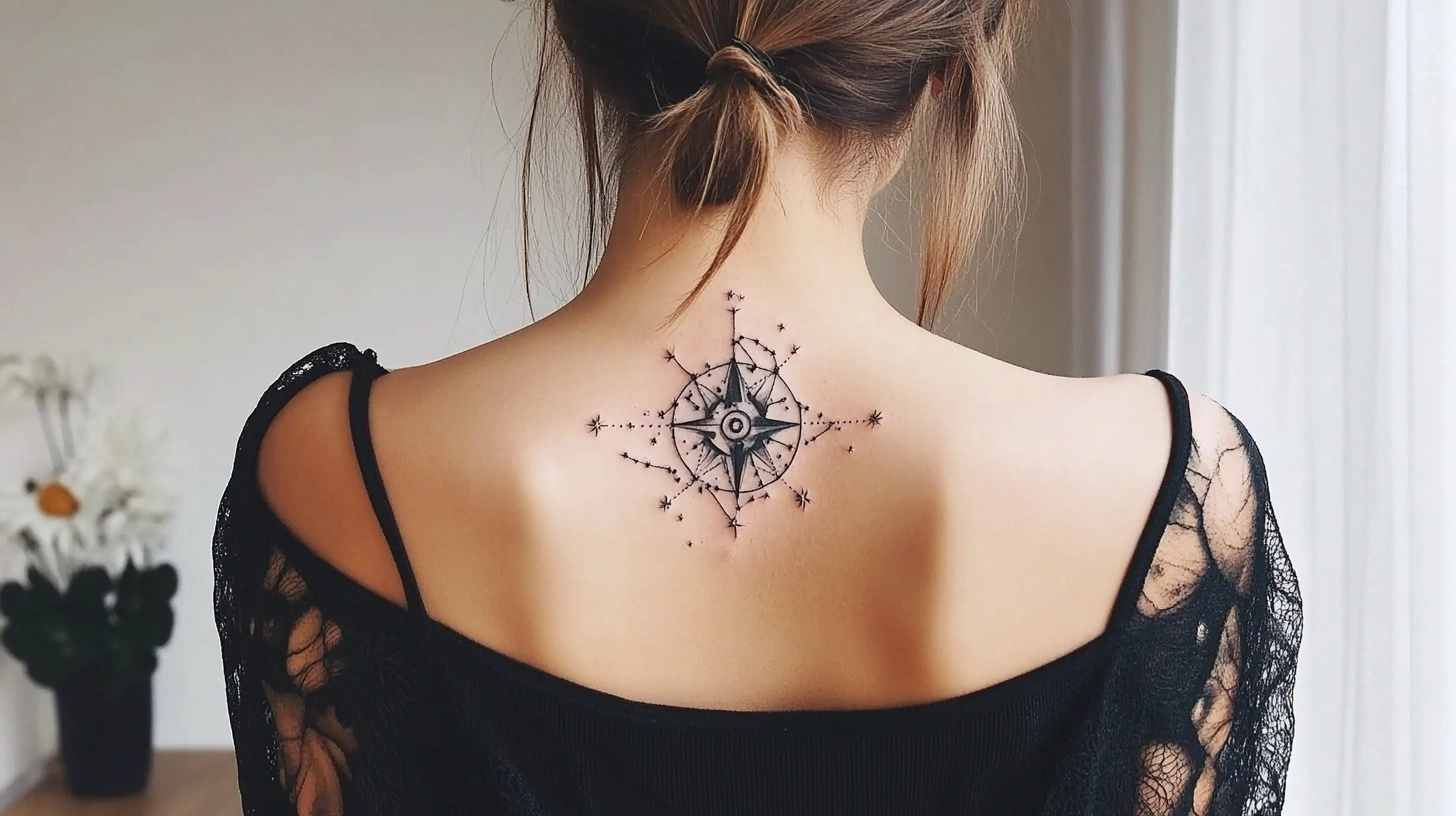 Constellation map tattoo on a woman's back