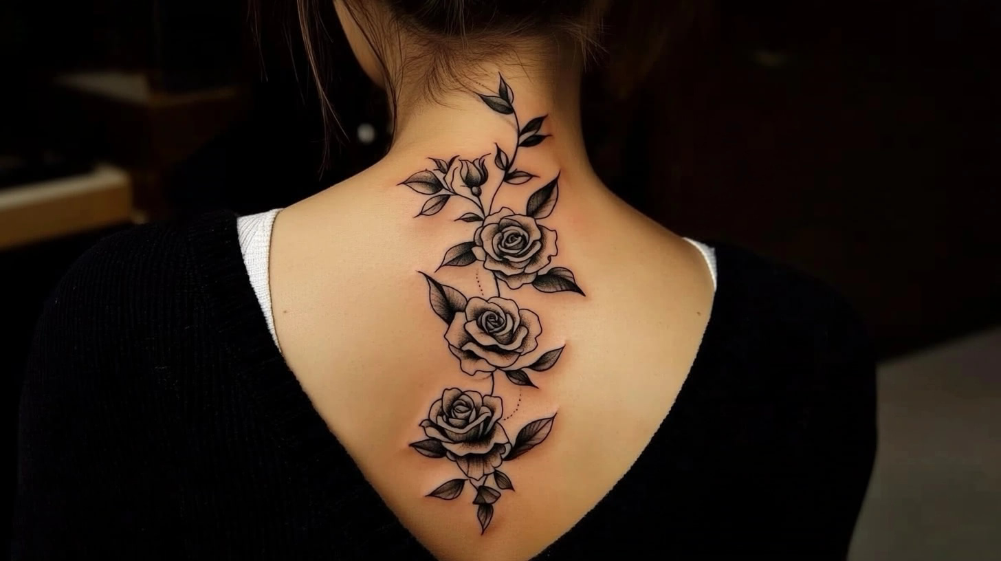 Delicate floral tattoo running vertically down a woman's spine