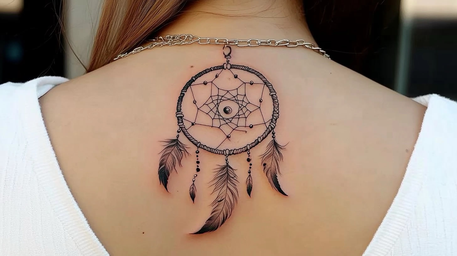 Detailed dreamcatcher tattoo on a woman's back