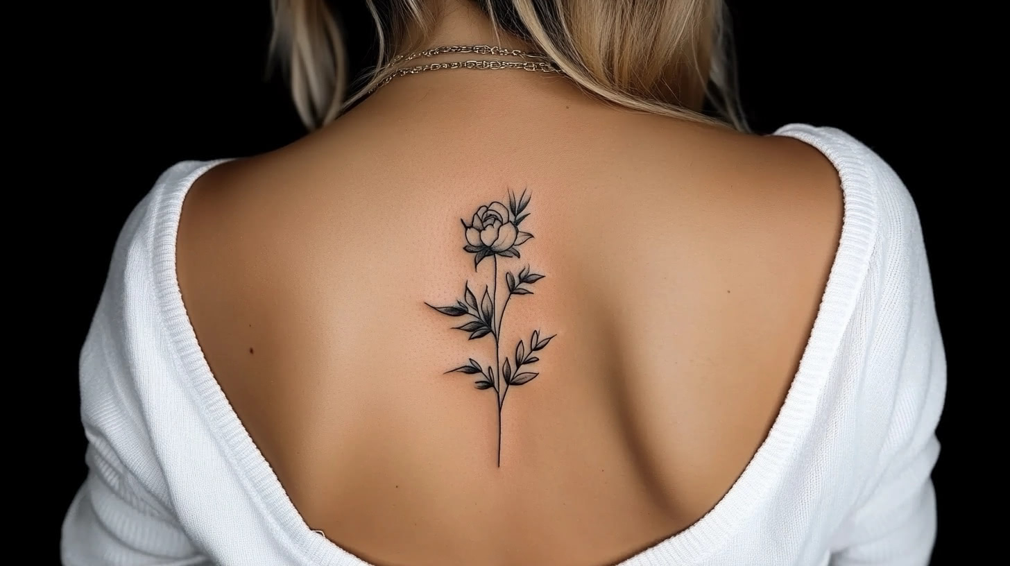 Simple, continuous line art tattoo on a woman's upper back