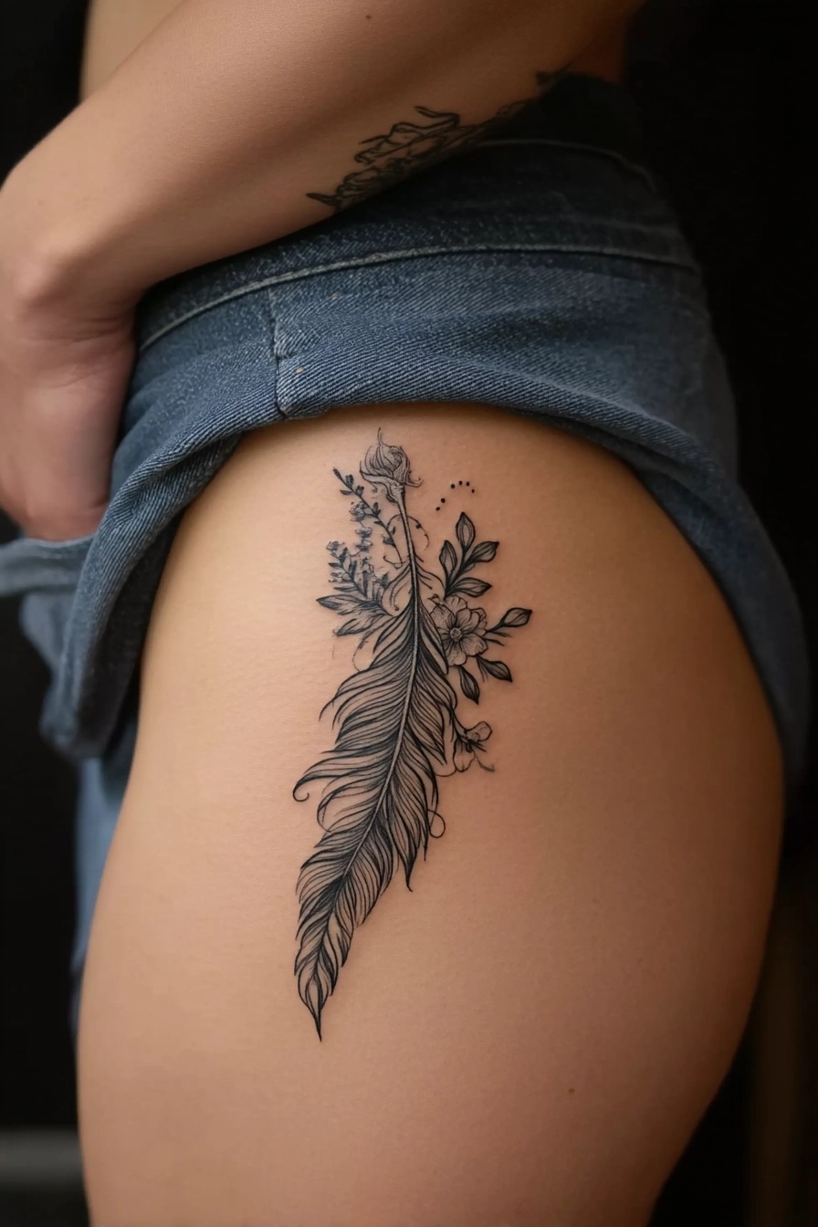 Unique feminine side thigh tattoo featuring a detailed feather interwoven with delicate floral sprigs.