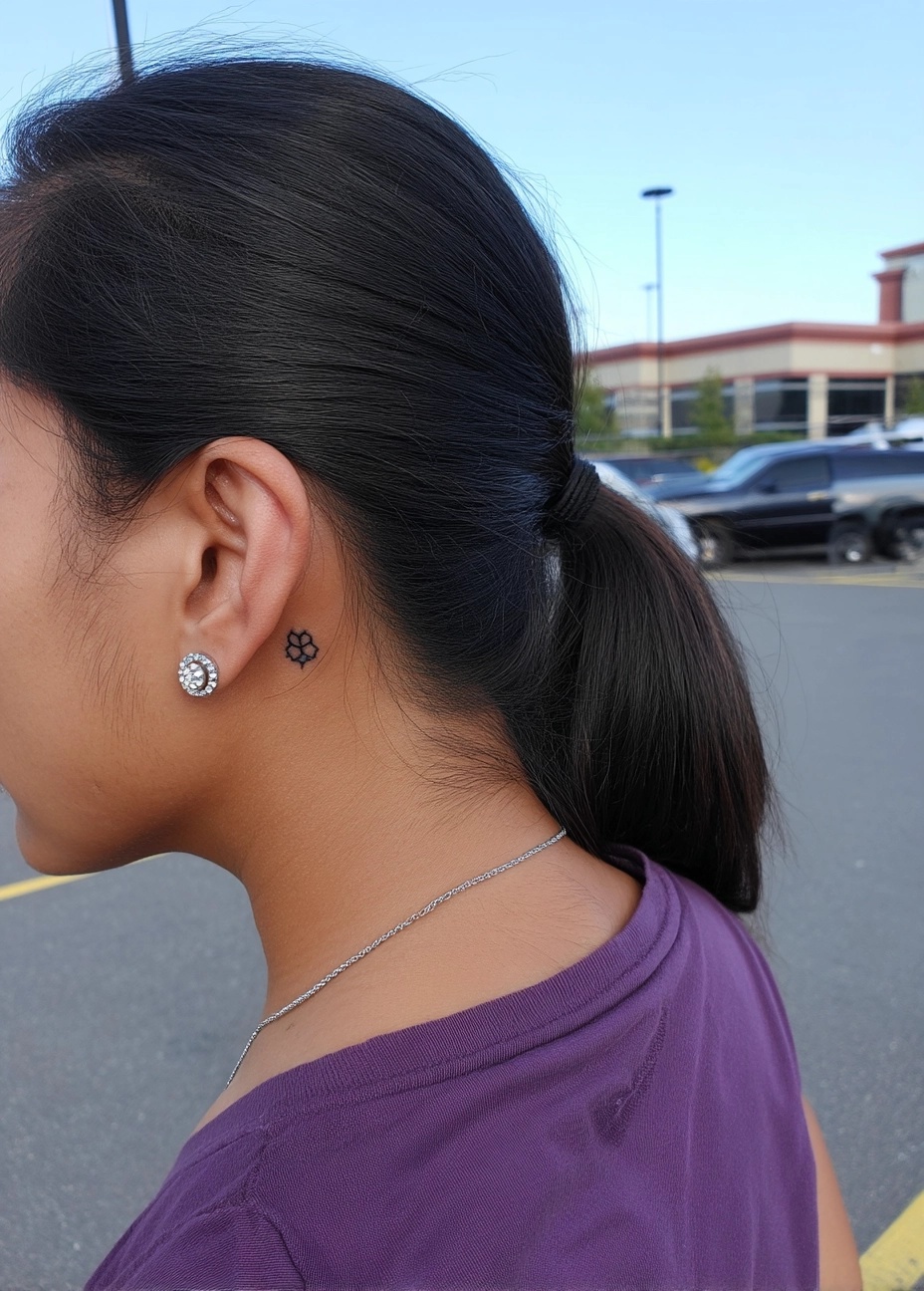 Very small, simple black paw print tattoo behind a woman's ear