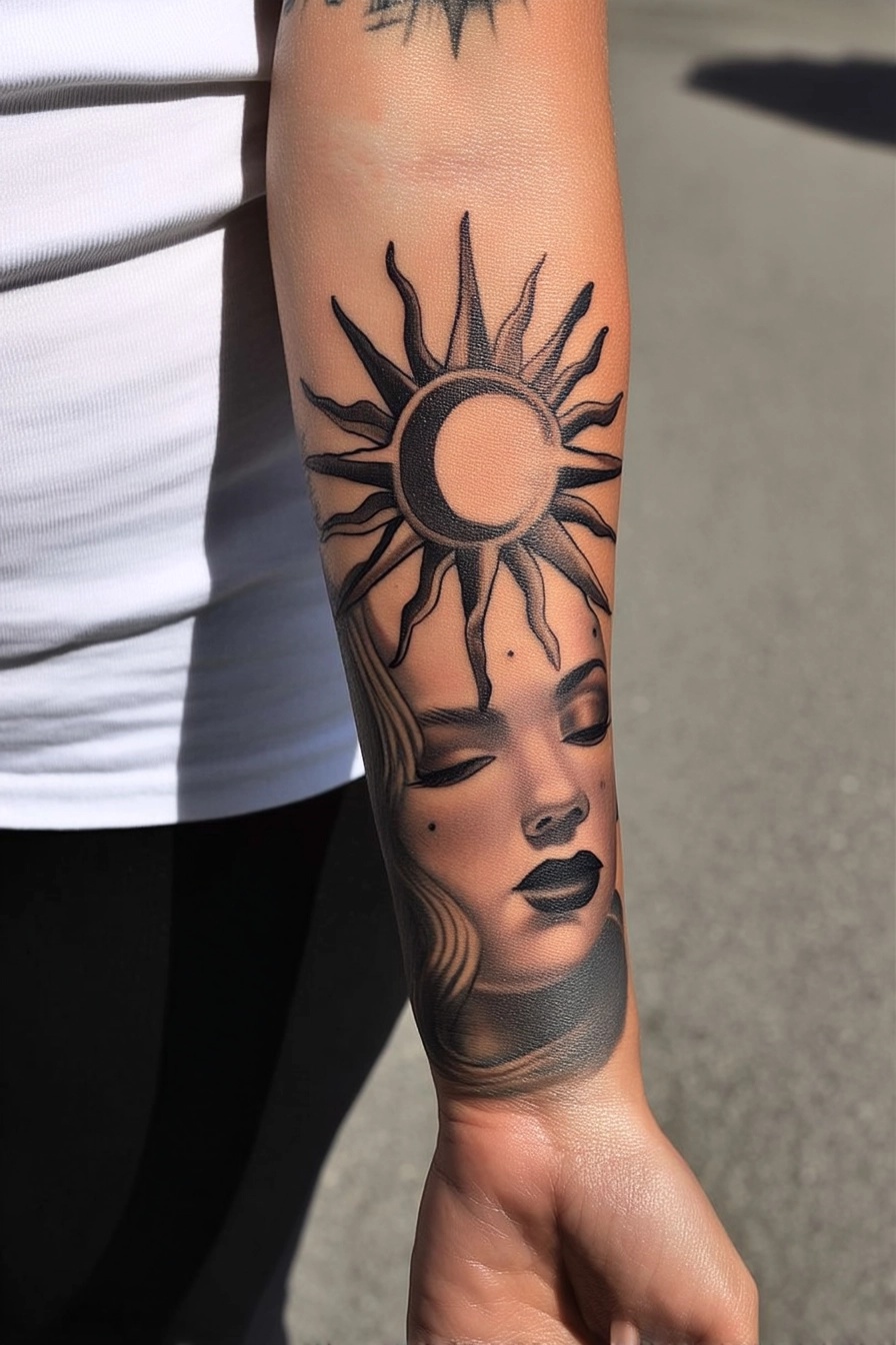 Black and grey surreal tattoo blending a woman's face with a sun and moon motif on the forearm