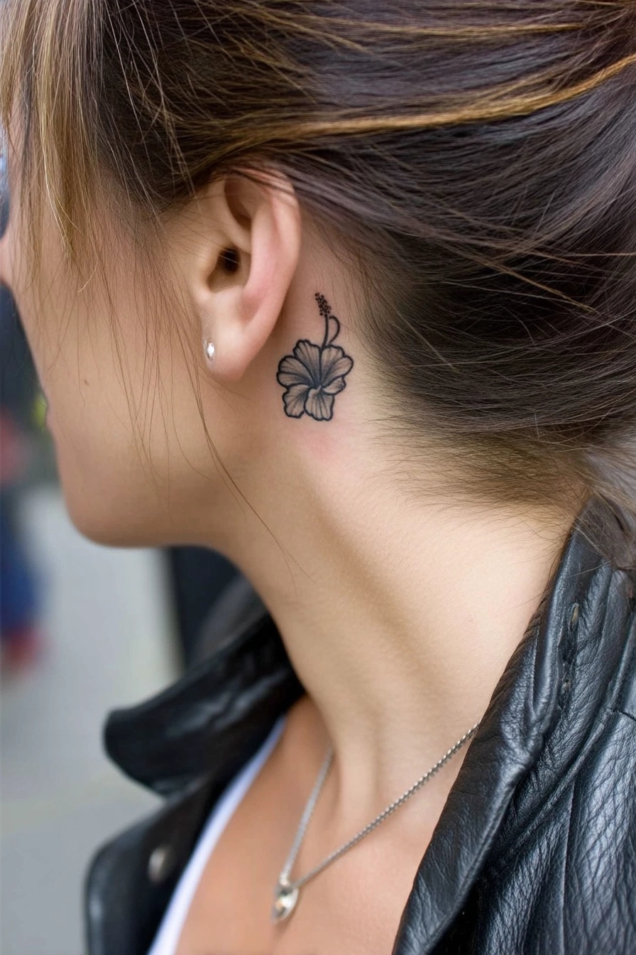 Black outline hibiscus flower tattoo behind a woman's ear