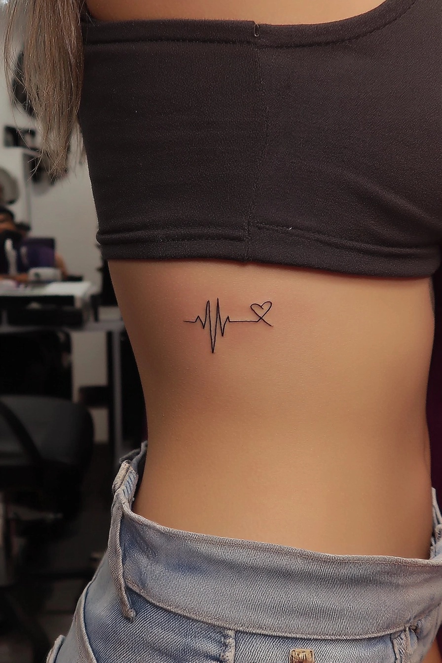 Fine line heartbeat tattoo ending in a heart shape on the ribs